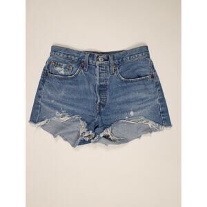 Levi’s 501 High Rise Distressed Denim Shorts Raw Hem Button Fly Size 27 Pristine